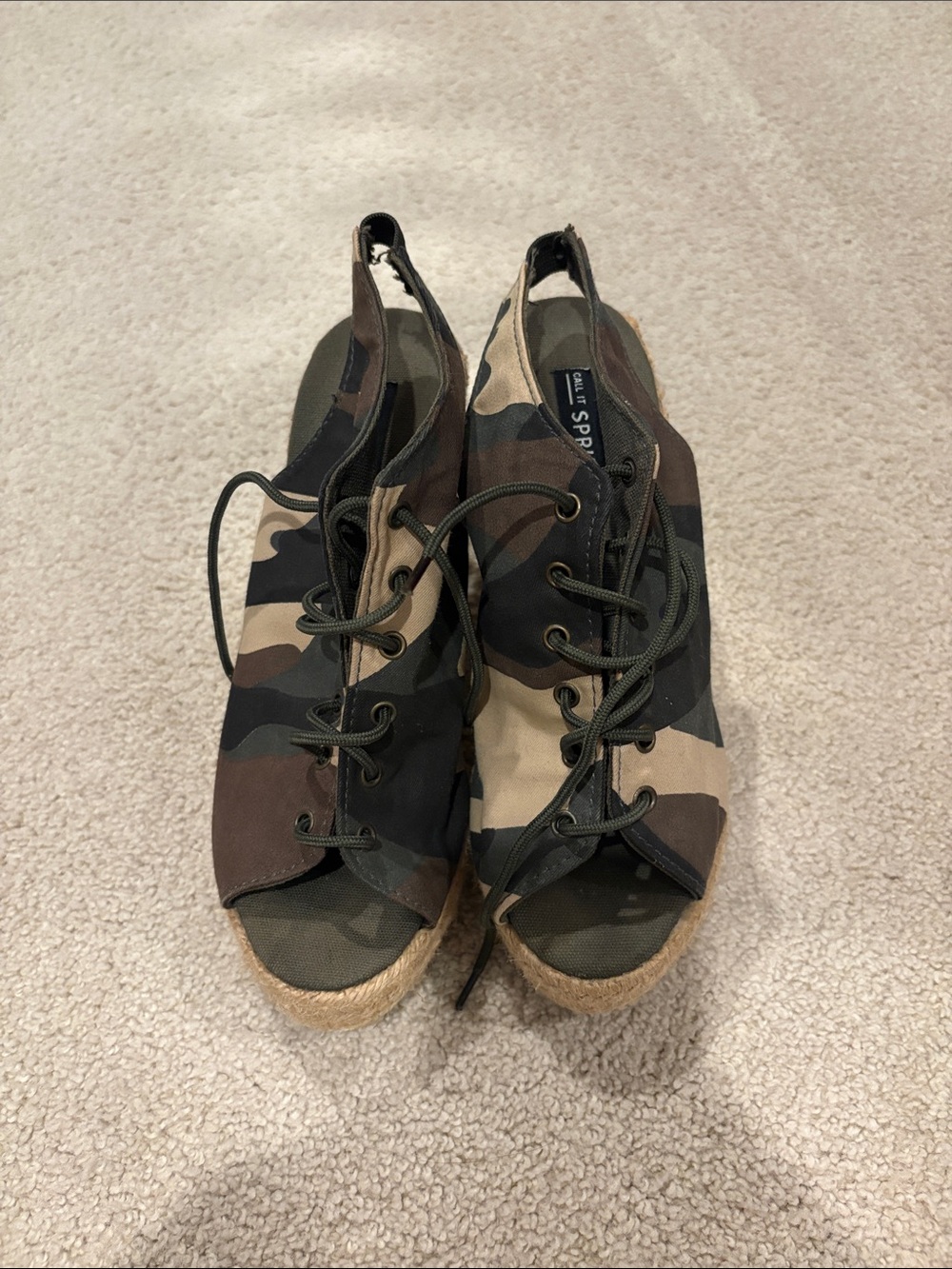 Call It Spring Camo Lace-Up Espadrille Wedges in Green and Brown